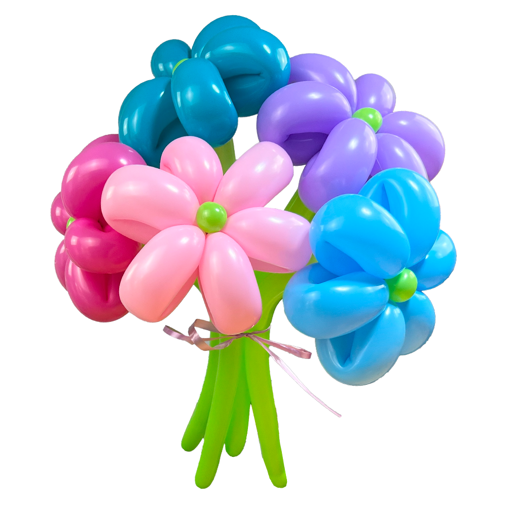 Luftballon-Blumenstrauß 5 Blumen Blau-Rosa