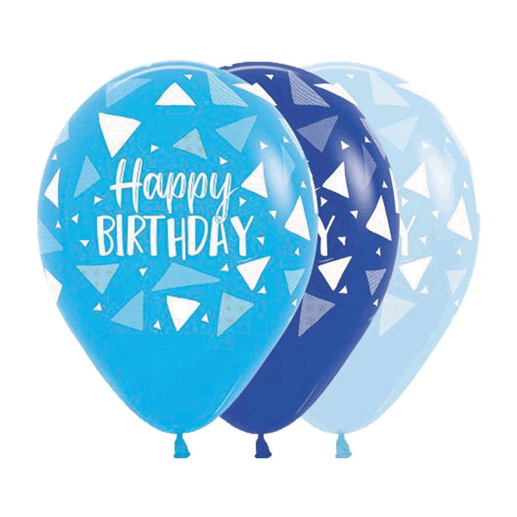 Bio Luftballon Bioloons® blau Happy Birthday Dreiecke 30cm, 25Stk