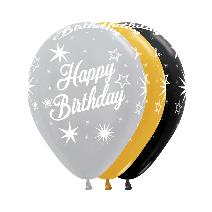 Bio Luftballon Bioloons® Happy Birthday Sterne, 30cm, metallic, 25 St.