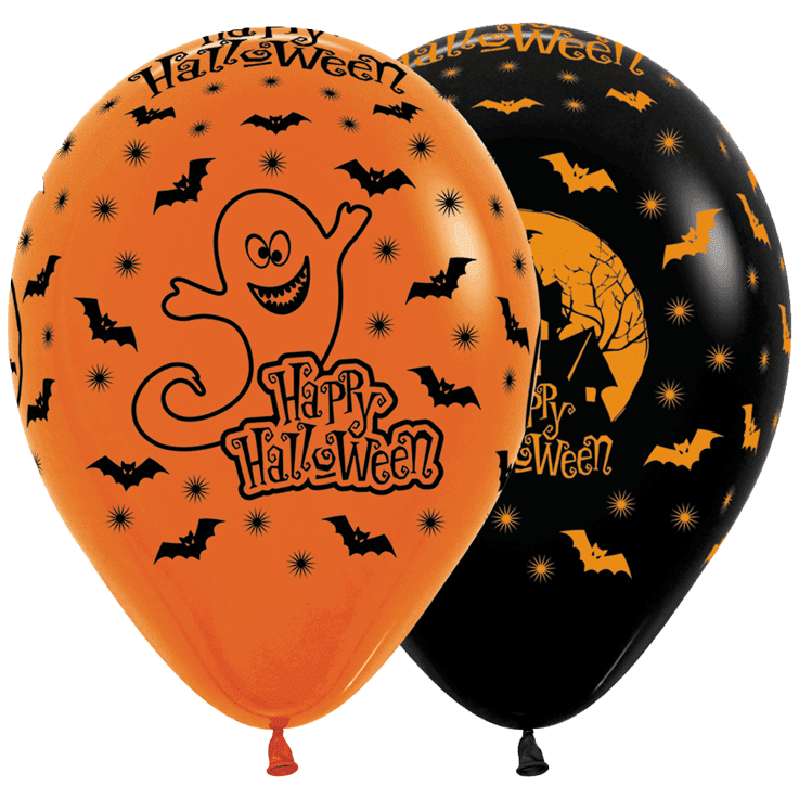Bio Rundballon Bioloons® 30cm orange & schwarz, Happy Halloween, 25 St.