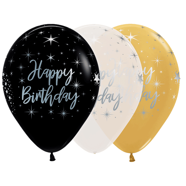Bio Luftballon Bioloons® Happy Birthday mit Sternen silber metallic (2-seitig), 30cm, metallic, 25 St.